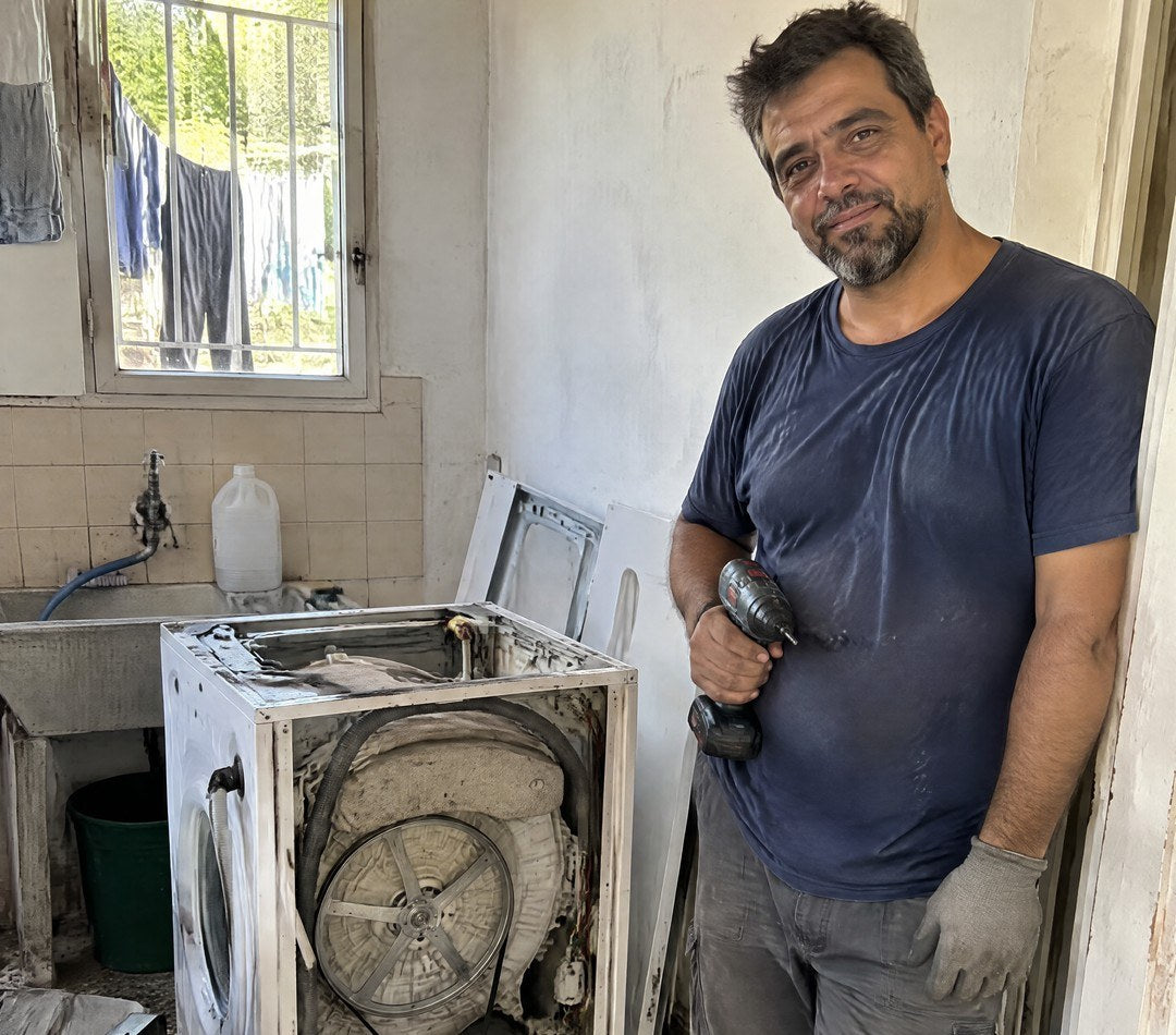 Claudio Pereyra, técnico en lavarropas, junto a un lavarropas desarmado