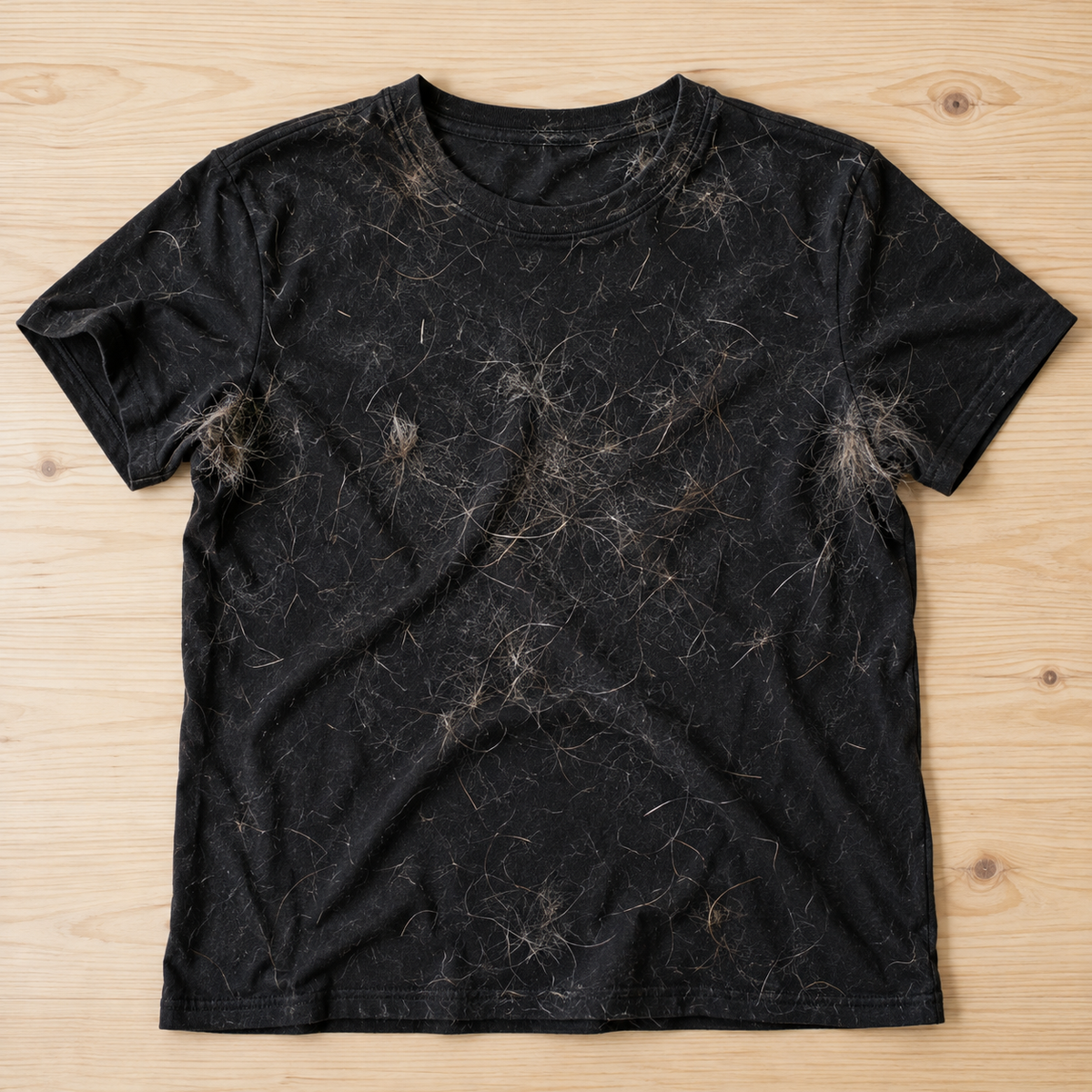 Remera negra llena de pelo de mascota antes del lavado